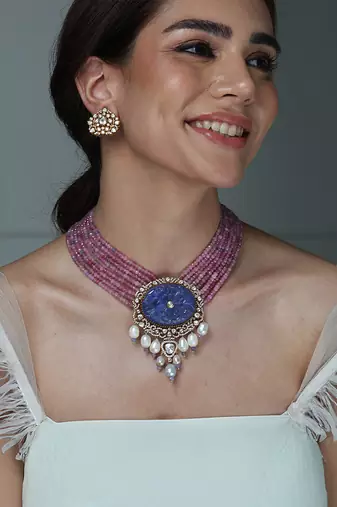 Gold plated kundan pink stones necklace set