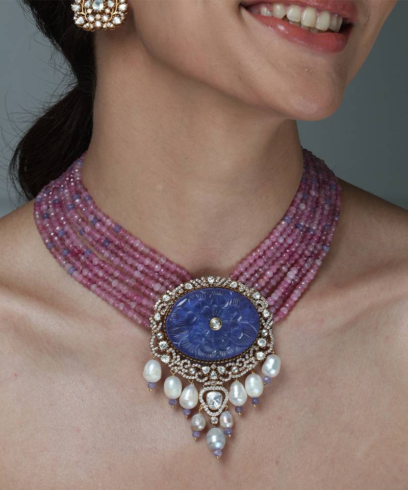 Gold plated kundan pink stones necklace set