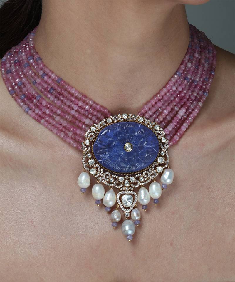 Gold plated kundan pink stones necklace set