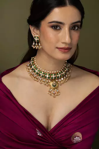 Gold plated kundan green stones necklace set