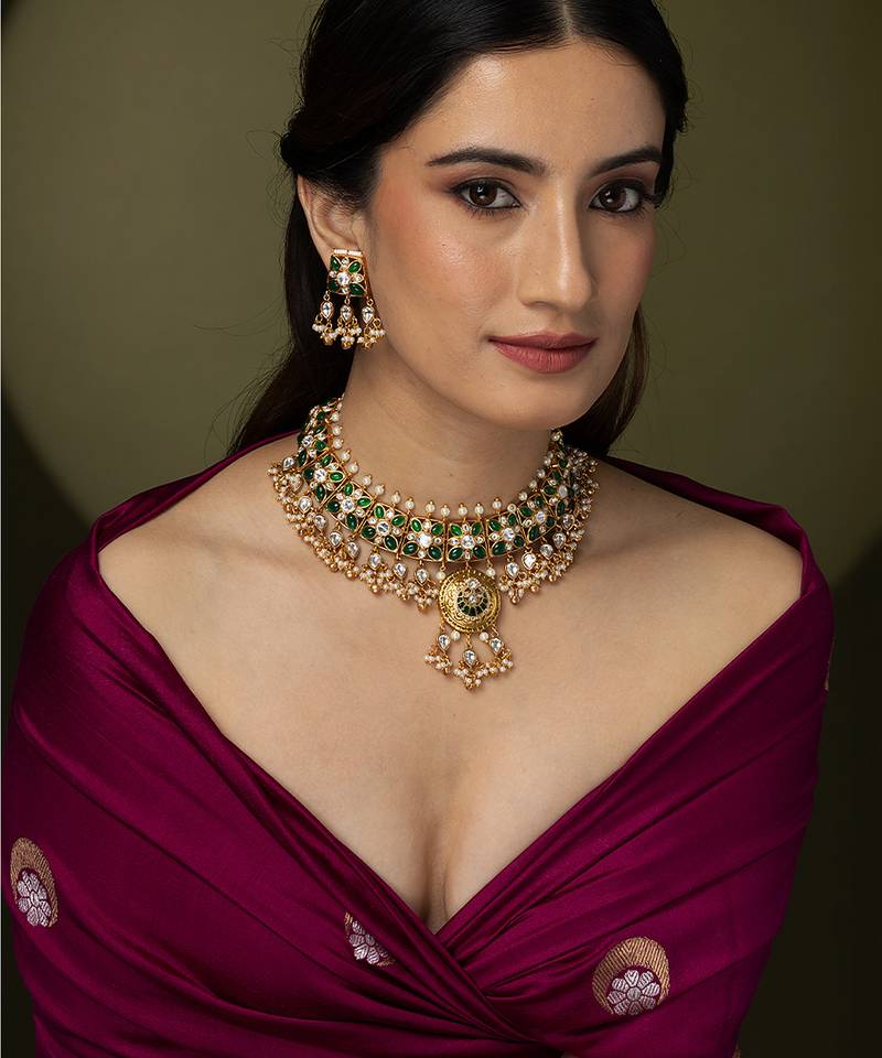 Gold plated kundan green stones necklace set