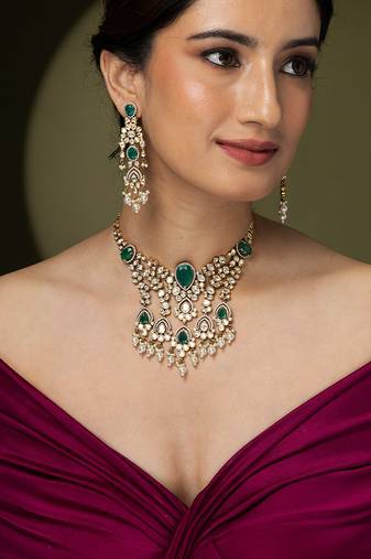 Gold plated kundan green stones necklace set