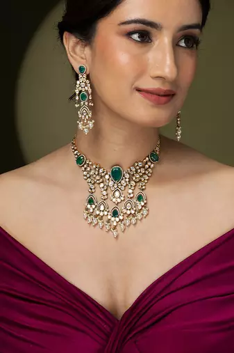 Gold plated kundan green stones necklace set