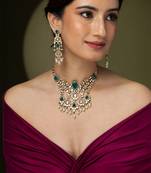 Gold plated kundan green stones necklace set