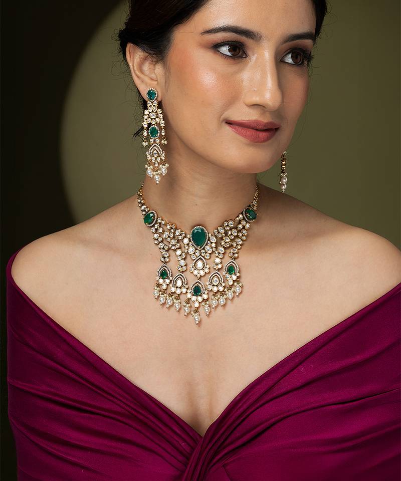 Gold plated kundan green stones necklace set