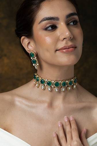Gold plated kundan green stones chocker necklace set