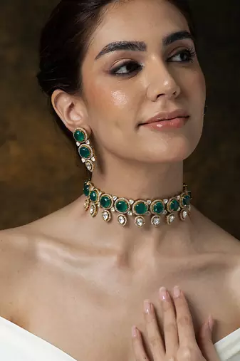 Gold plated kundan green stones chocker necklace set