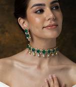 Gold plated kundan green stones chocker necklace set