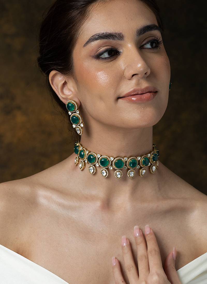Gold plated kundan green stones chocker necklace set