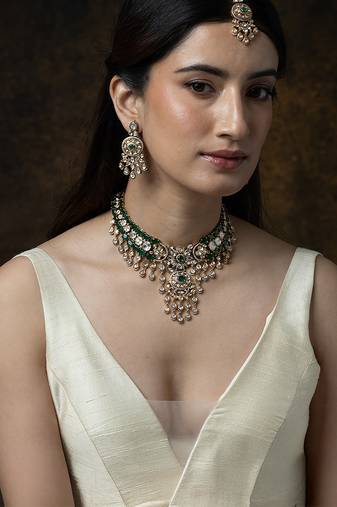 Gold plated kundan green stones necklace set