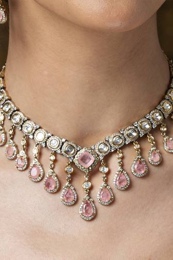 Gold plated kundan pink stones necklace set