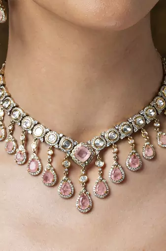 Gold plated kundan pink stones necklace set