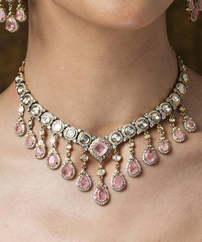 Gold plated kundan pink stones necklace set