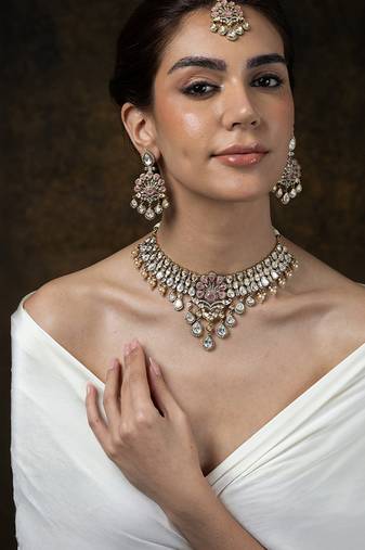 Gold plated kundan pink stones necklace set