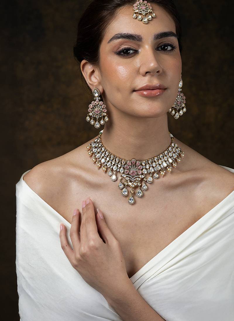 Gold plated kundan pink stones necklace set