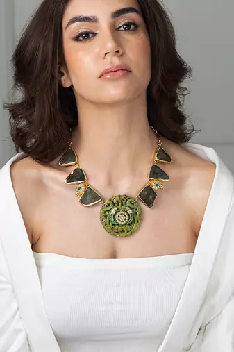Gold plated kundan green stones necklace