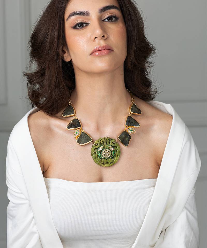 Gold plated kundan green stones necklace