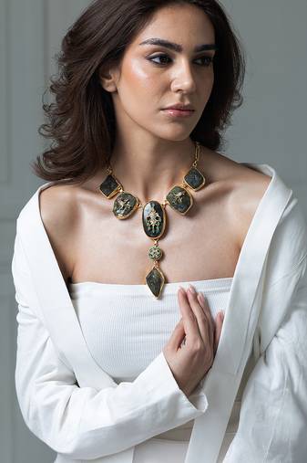 Gold plated kundan green stones necklace