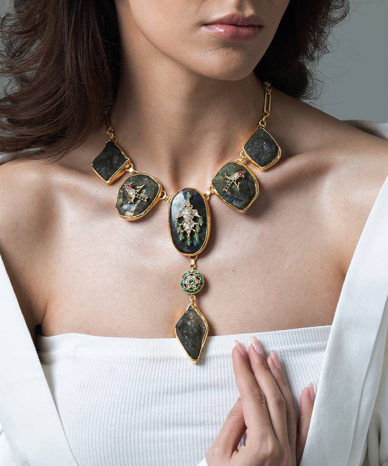 Gold plated kundan green stones necklace