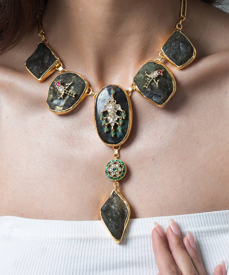 Gold plated kundan green stones necklace