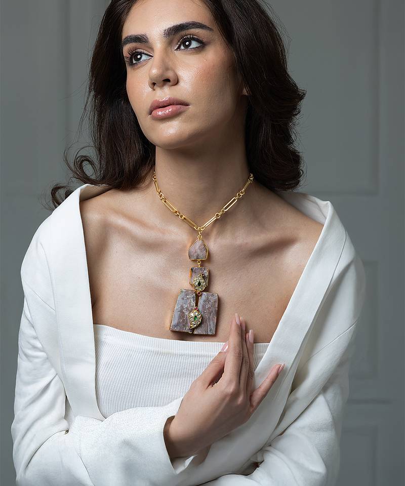 Gold plated kundan pink stones necklace