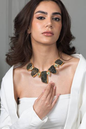 Gold plated kundan green stones necklace