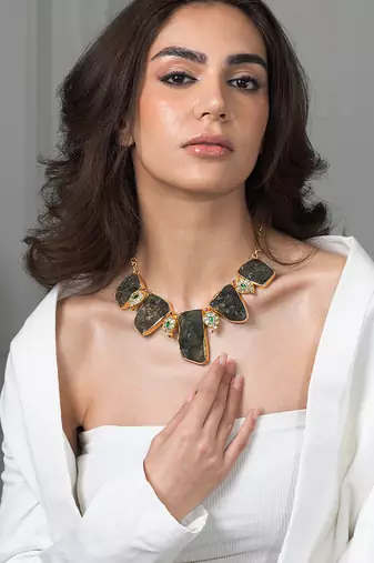 Gold plated kundan green stones necklace