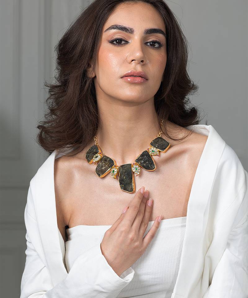 Gold plated kundan green stones necklace