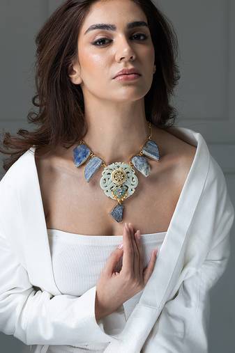 Gold plated kundan blue stones necklace