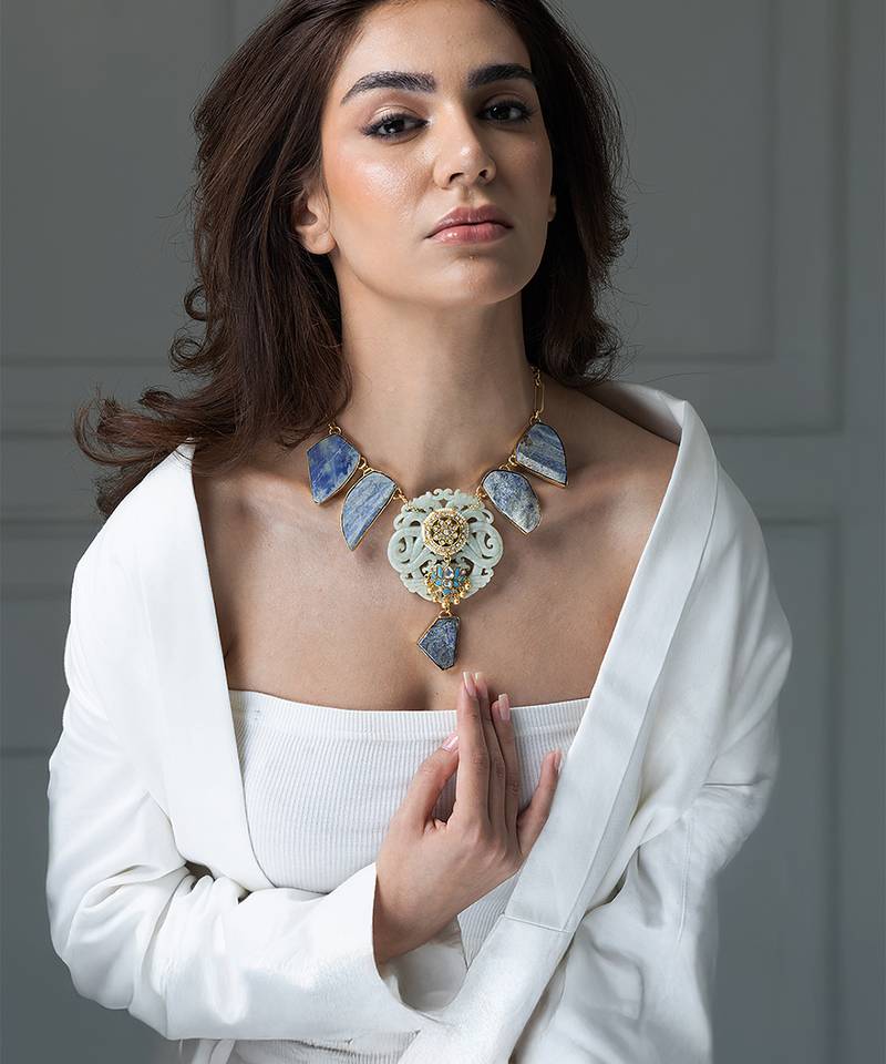 Gold plated kundan blue stones necklace