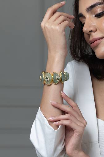 Gold plated kundan green stones bracelet