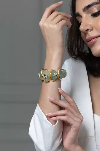 Gold plated kundan green stones bracelet