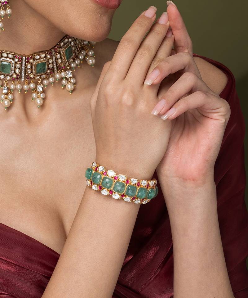 Gold plated kundan Green stones bangles
