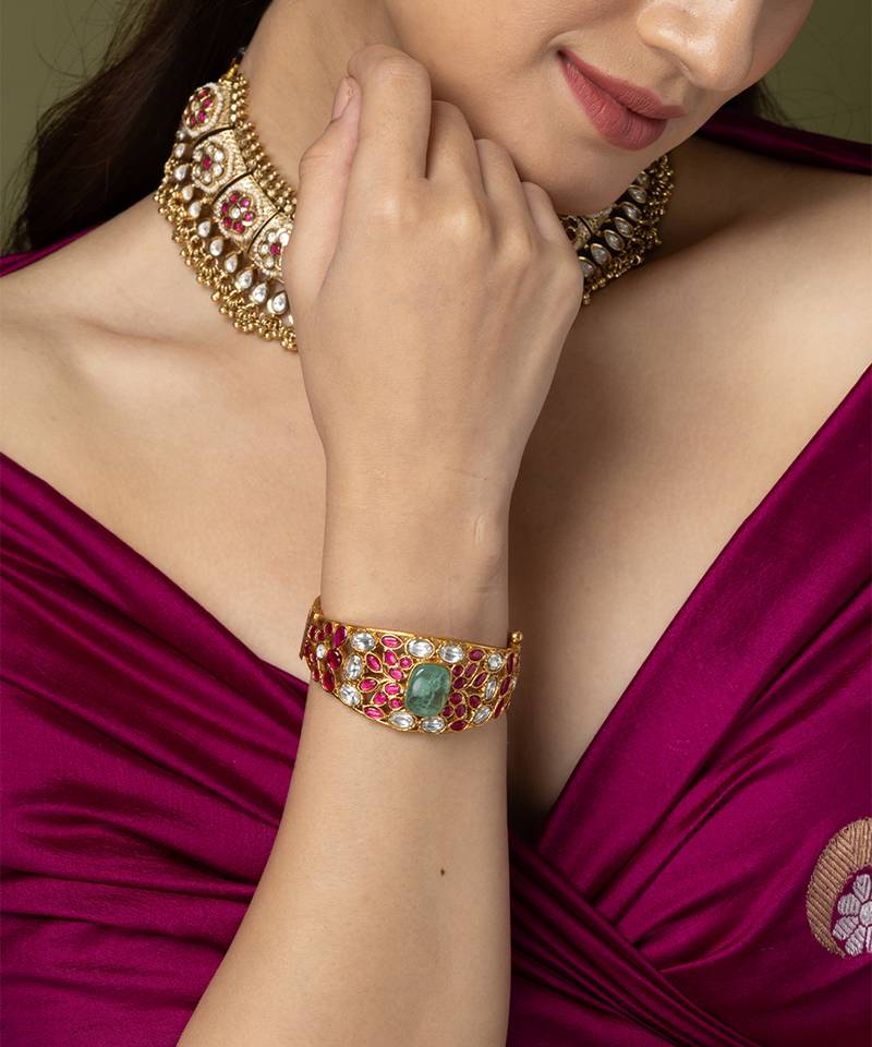 Gold plated kundan red stones bangles