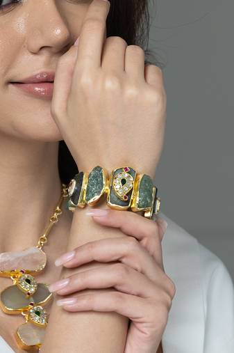 Gold plated kundan green stones bracelet