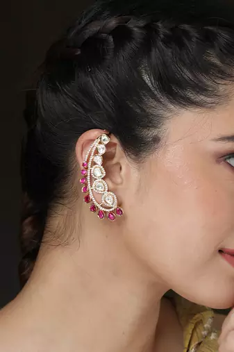 Gold plated kundan red stones ear cuff earrings