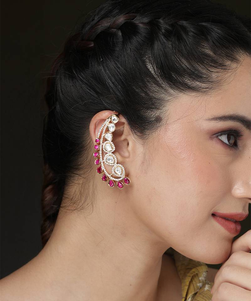 Gold plated kundan red stones ear cuff earrings