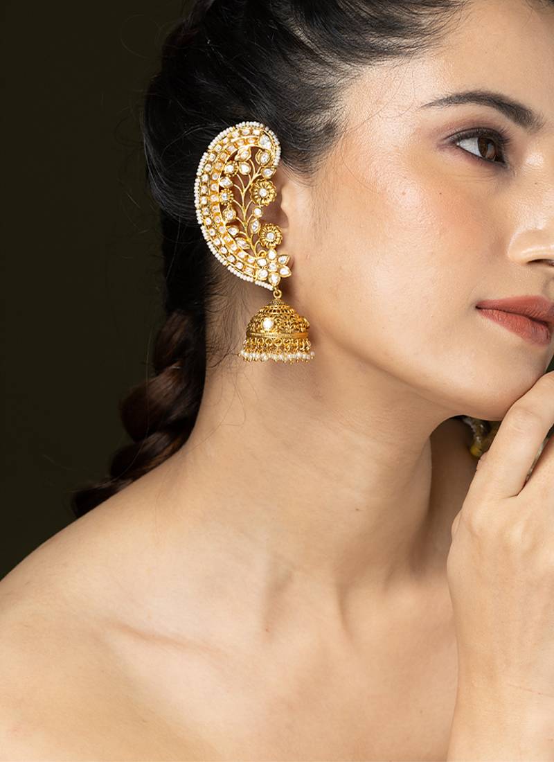 Gold plated kundan jhumka earrings