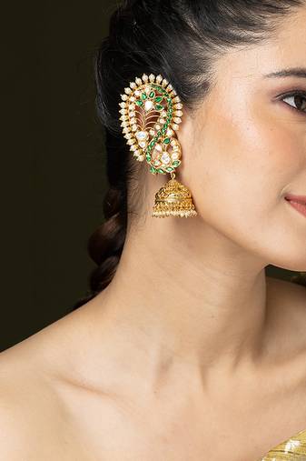 Gold plated kundan green stones jhumka earrings