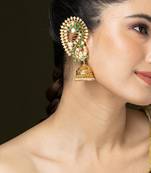 Gold plated kundan green stones jhumka earrings
