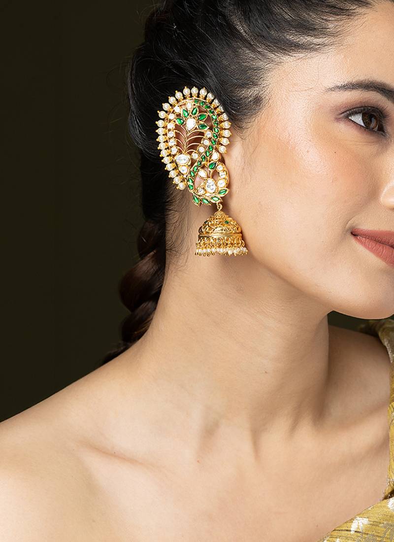 Gold plated kundan green stones jhumka earrings