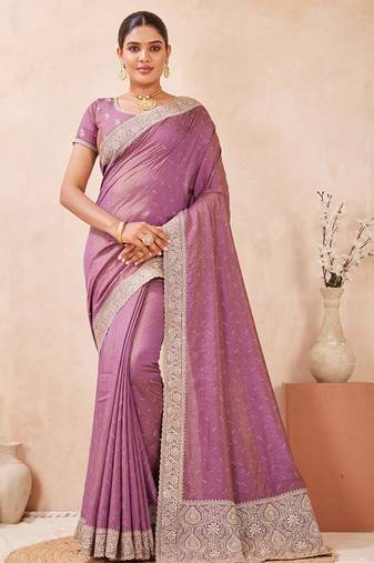 lavender heavy zari box pallu embroidery work silk blend saree