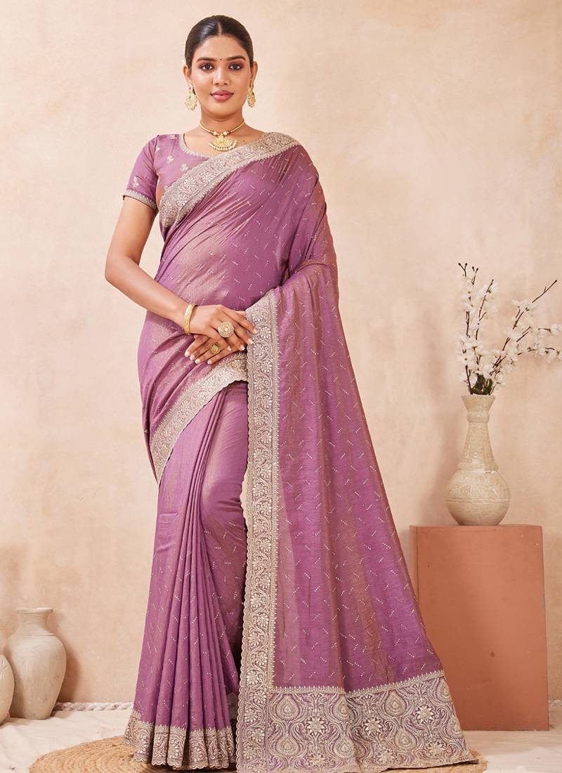 lavender heavy zari box pallu embroidery work silk blend saree
