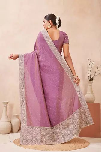 lavender heavy zari box pallu embroidery work silk blend saree