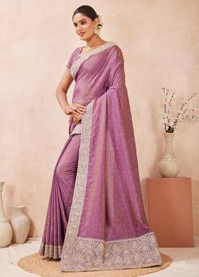 lavender heavy zari box pallu embroidery work silk blend saree 3