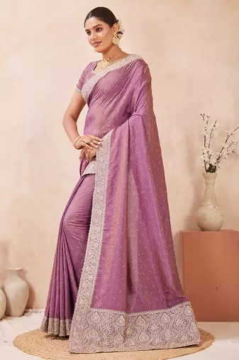 lavender heavy zari box pallu embroidery work silk blend saree