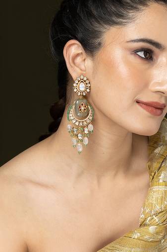 Gold plated kundan green stones chandbali earrings
