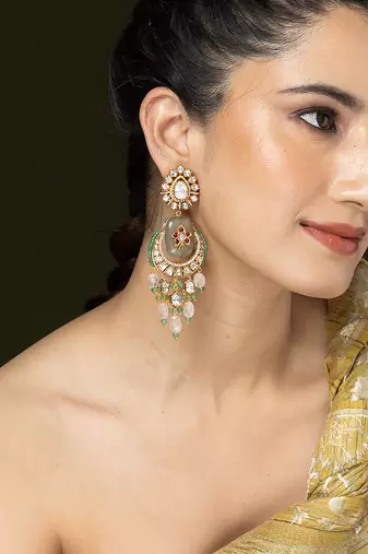 Gold plated kundan green stones chandbali earrings