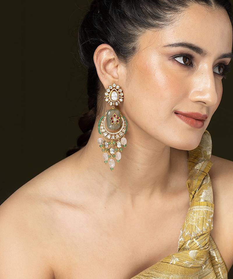 Gold plated kundan green stones chandbali earrings