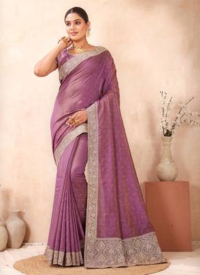 lavender heavy zari box pallu embroidery work silk blend saree 4